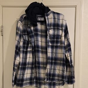 Old Navy Blue and White Plaid Hooded Shirt Jacket